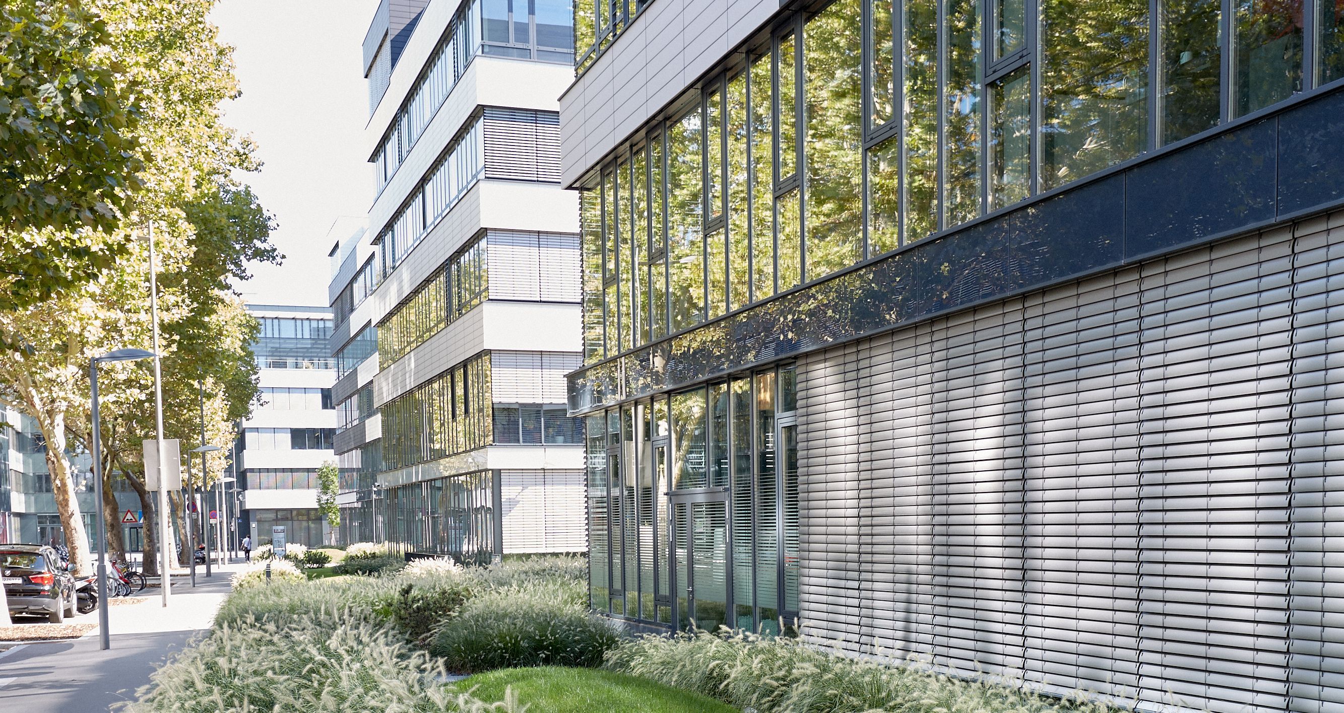 Foto: Bild dreier moderner hintereinanderstehender Bürogebäude mit Alu-Glasfassade und einem üppigen Grünstreifen im Vordergrund